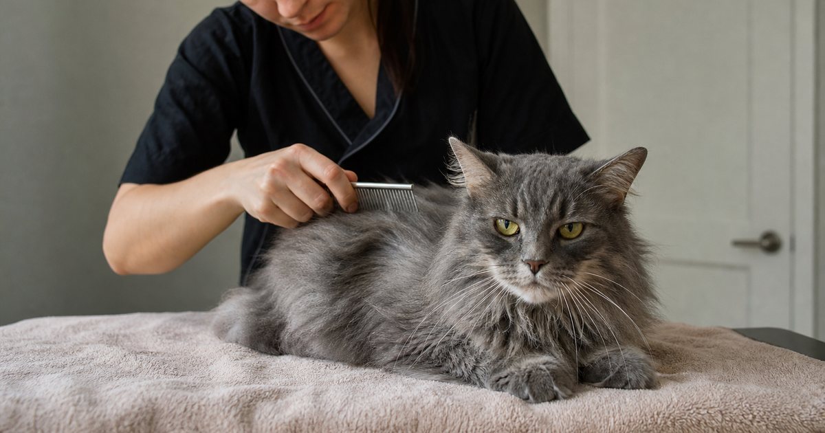 A calm long-haired grey cat being gently combed by a groomer on a towel-covered table in a quiet room with a closed door, soft natural light, no dogs visible