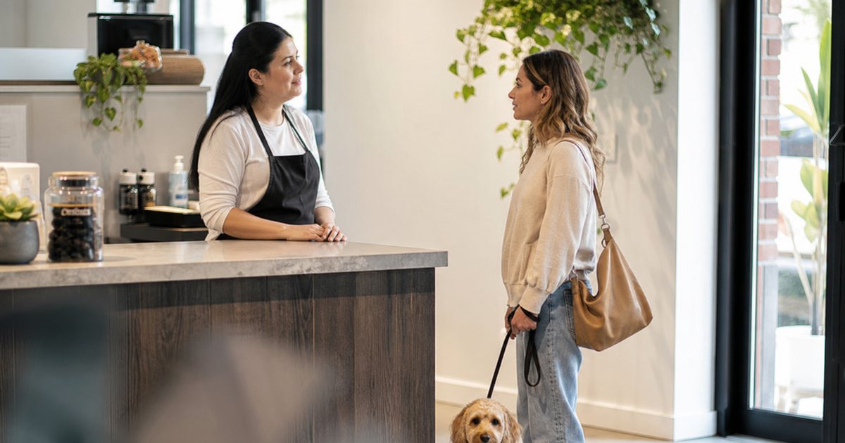 A grooming salon owner in an apron speaking calmly across a reception counter with a customer holding a leash, a small dog sitting at their feet, bright clean lobby with plants
