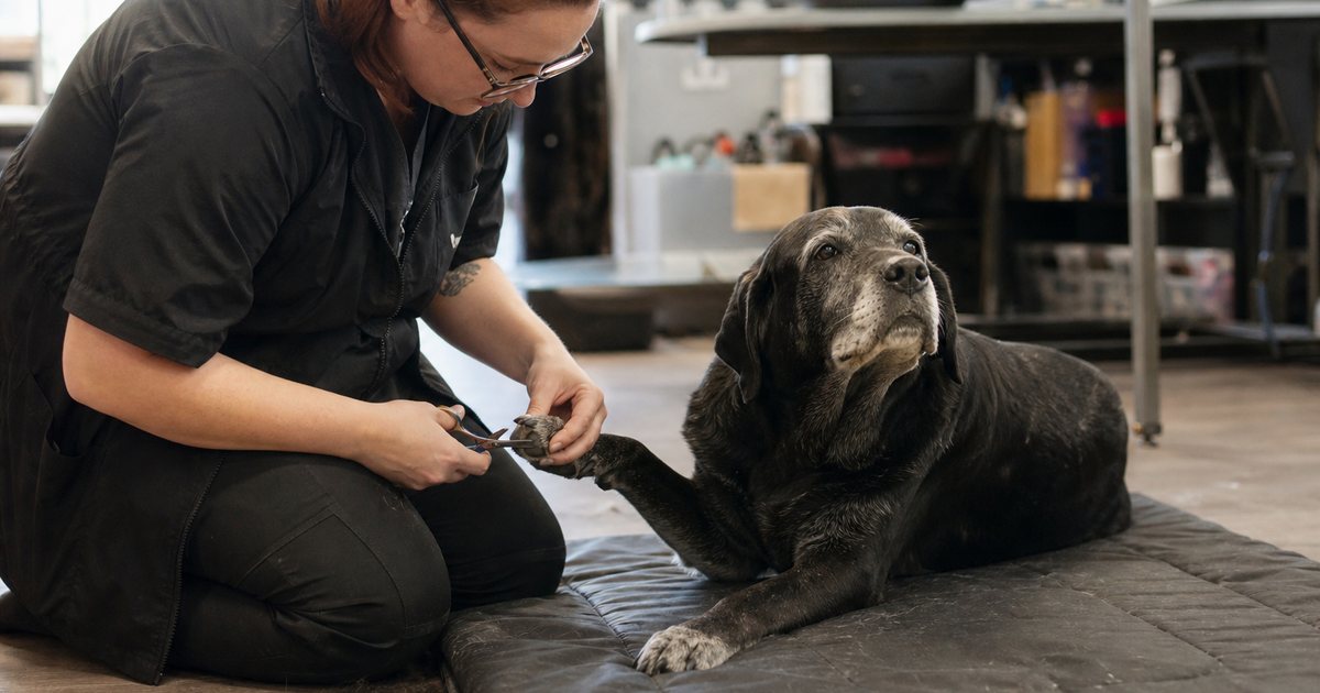A groomer kneeling beside a grey-muzzled old labrador lying on a padded mat on the salon floor, gently trimming its paw with small scissors, warm afternoon light