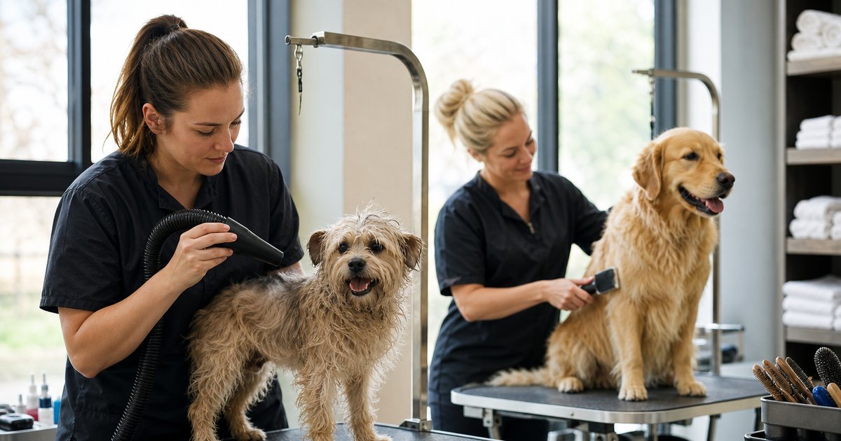 Two pet groomers working side by side at stainless steel grooming tables in a bright salon, one hand drying a small terrier, the other brushing a golden retriever, clean towels and brushes on a nearby shelf, soft daylight from tall windows