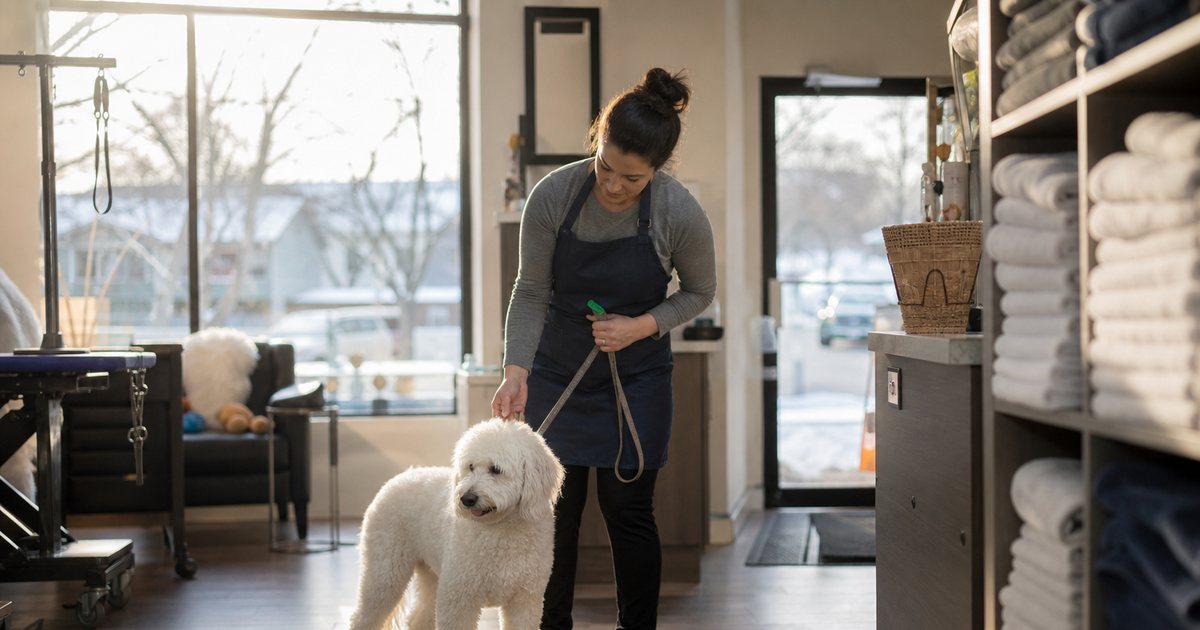 A small pet grooming salon at early morning in winter, a groomer in a navy apron holding the leash of a fluffy white dog near the front counter, stacked folded towels, rubber floor mats, warm low sunlight through a large front window
