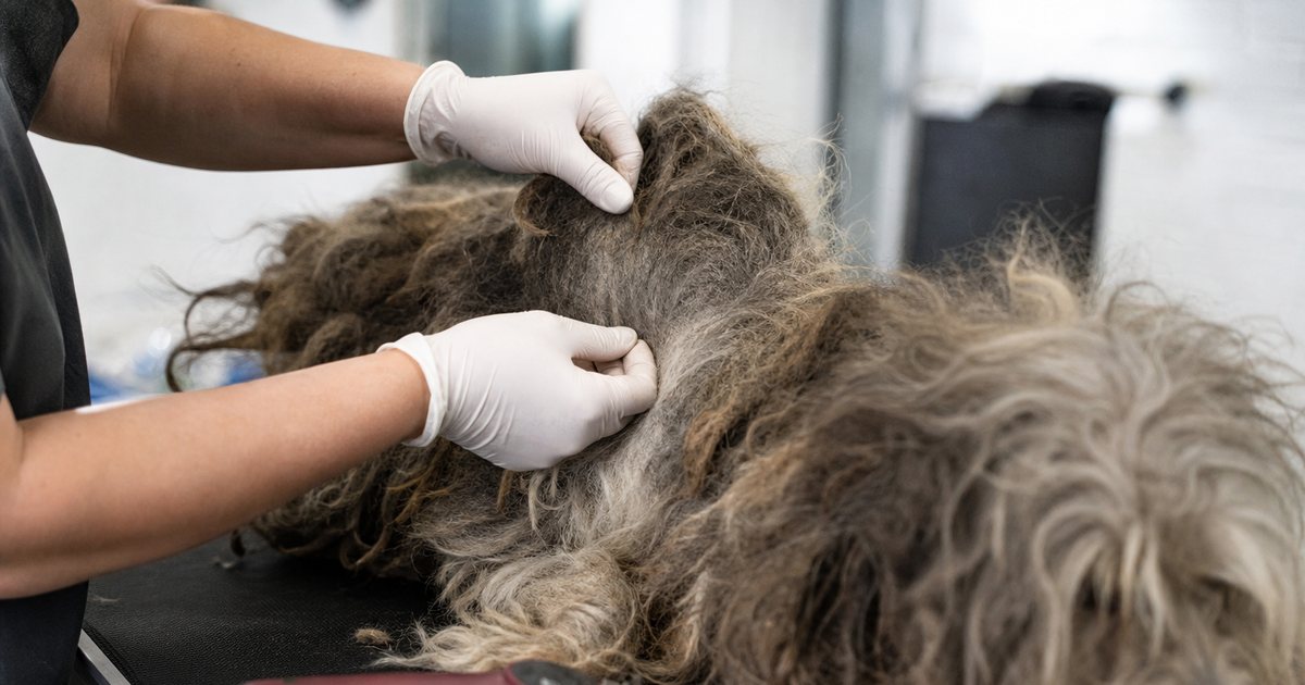 Close-up of a groomer's gloved hands parting the heavily matted fur of a shaggy mixed-breed dog on a grooming table, clippers resting nearby, soft overhead lighting