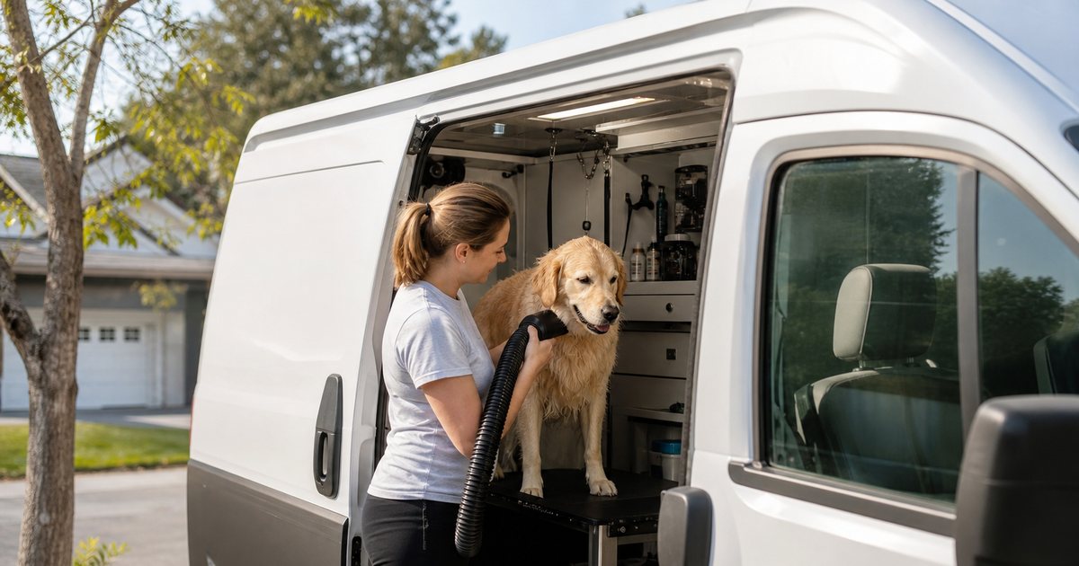 A mobile pet grooming van parked in a suburban driveway with its side door open, a groomer in a t-shirt drying a golden retriever inside, sunny afternoon